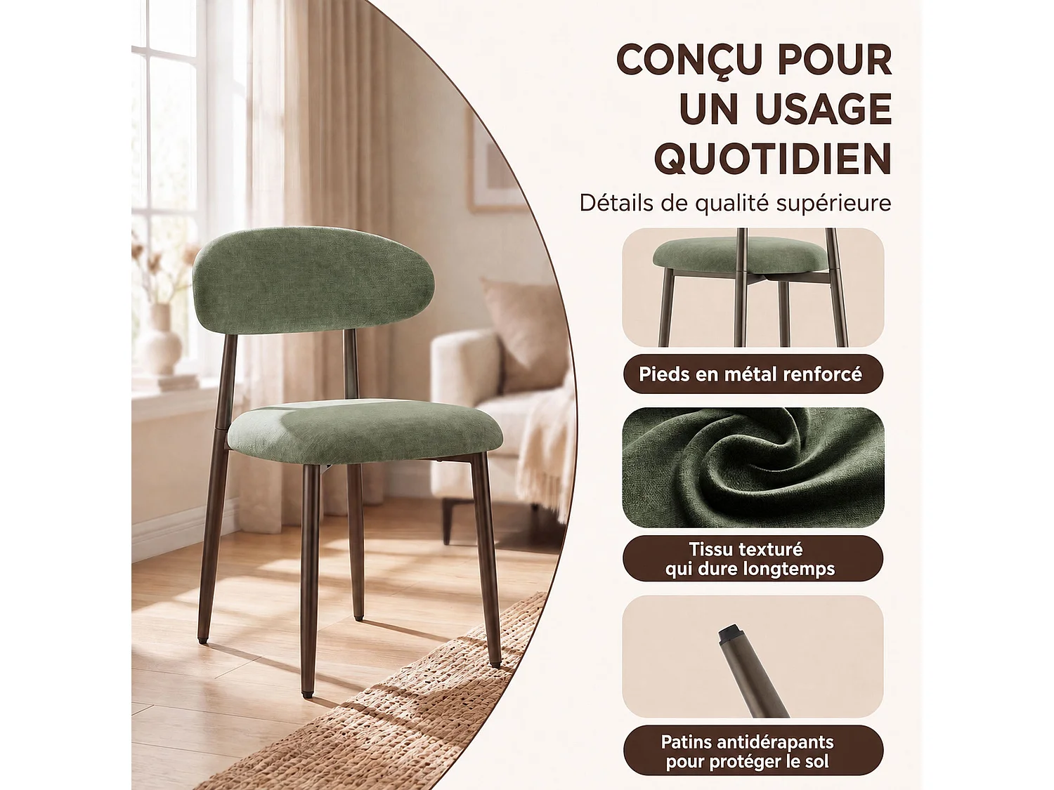 Lot de 2 chaises de salle à manger en tissu rembourré, dossier incurvé ergonomique, pieds en métal finition bronze, vert