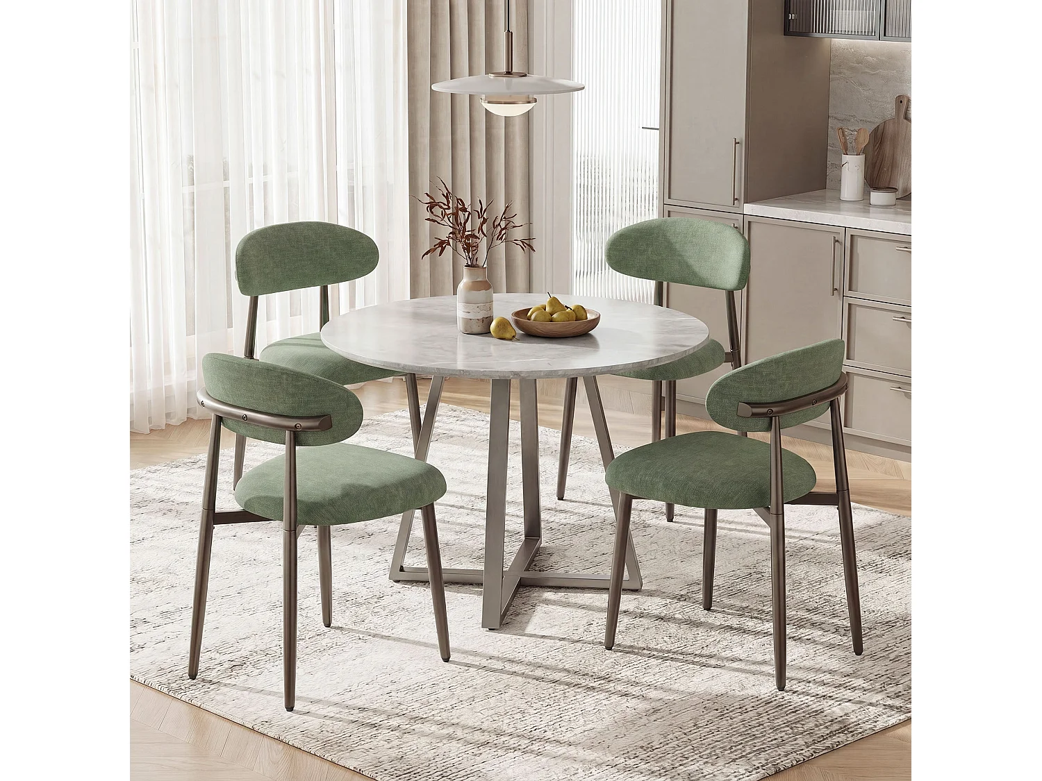 Lot de 2 chaises de salle à manger en tissu rembourré, dossier incurvé ergonomique, pieds en métal finition bronze, vert