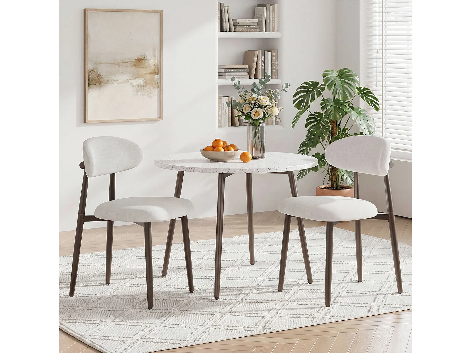 Lot de 2 chaises de salle à manger en tissu rembourré, dossier incurvé ergonomique, pieds en métal finition bronze, beige