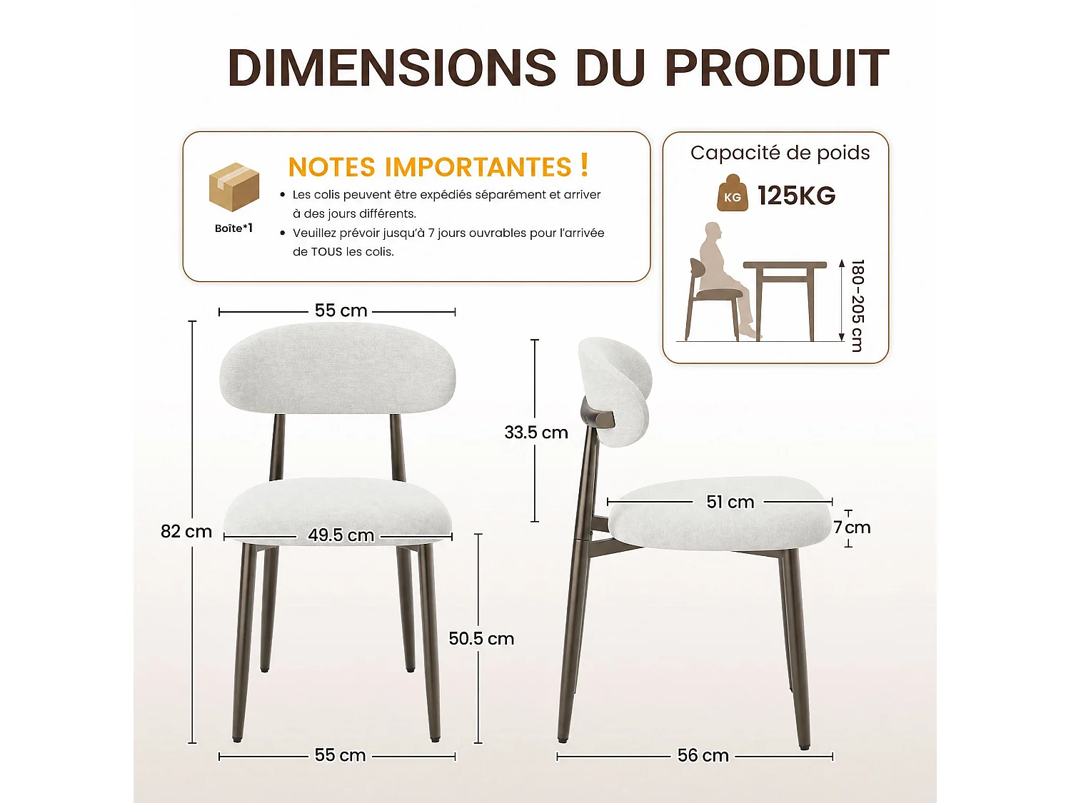 Lot de 2 chaises de salle à manger en tissu rembourré, dossier incurvé ergonomique, pieds en métal finition bronze, beige