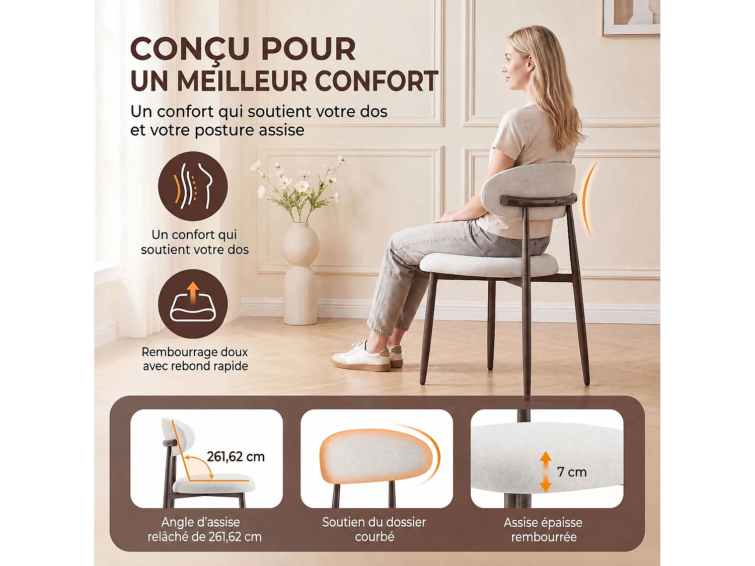Lot de 2 chaises de salle à manger en tissu rembourré, dossier incurvé ergonomique, pieds en métal finition bronze, beige
