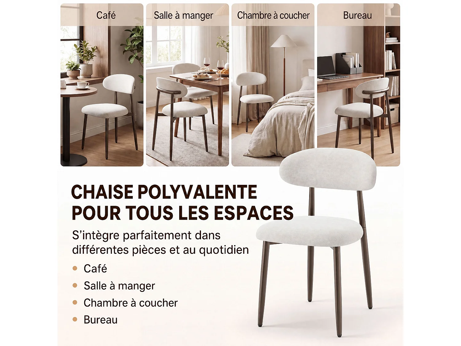 Lot de 2 chaises de salle à manger en tissu rembourré, dossier incurvé ergonomique, pieds en métal finition bronze, beige