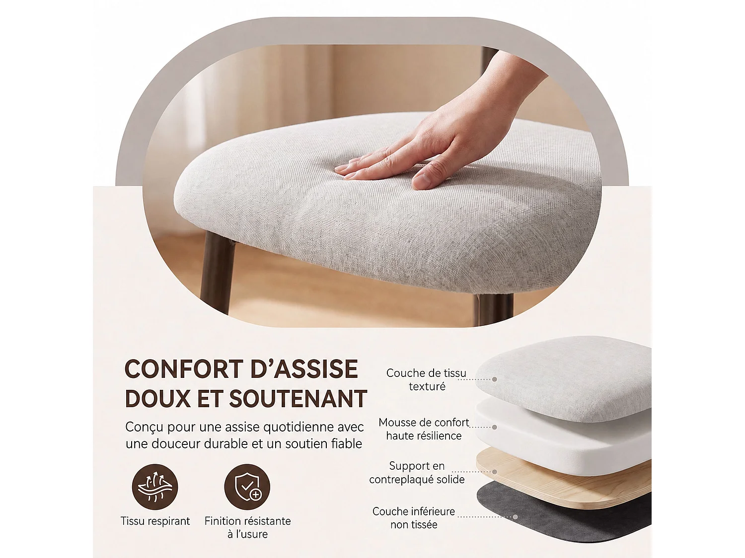 Lot de 2 chaises de salle à manger en tissu rembourré, dossier incurvé ergonomique, pieds en métal finition bronze, beige