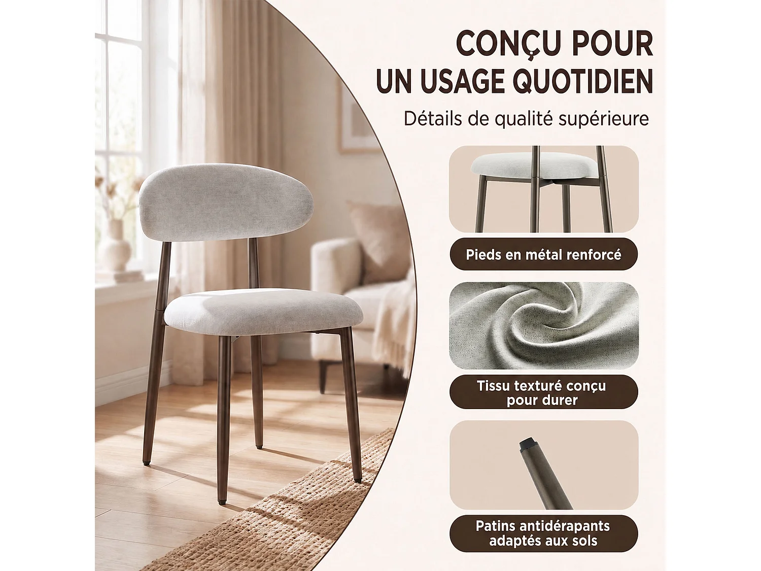 Lot de 2 chaises de salle à manger en tissu rembourré, dossier incurvé ergonomique, pieds en métal finition bronze, beige