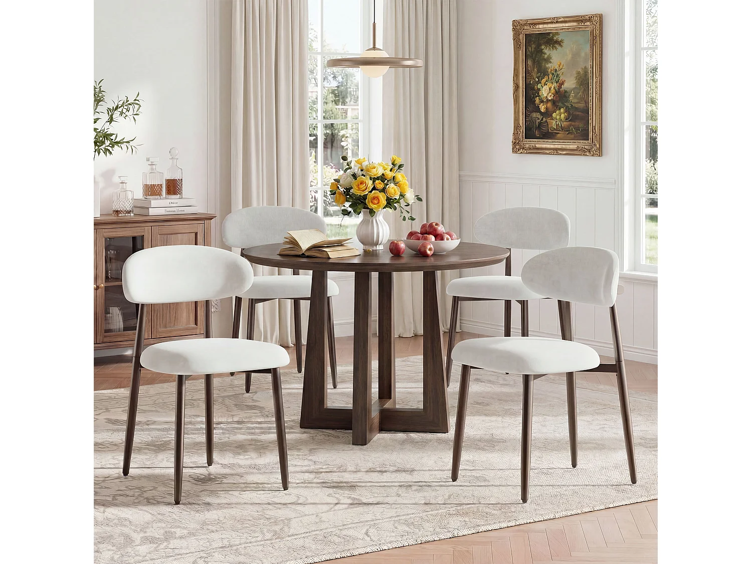 Lot de 2 chaises de salle à manger en tissu rembourré, dossier incurvé ergonomique, pieds en métal finition bronze, beige
