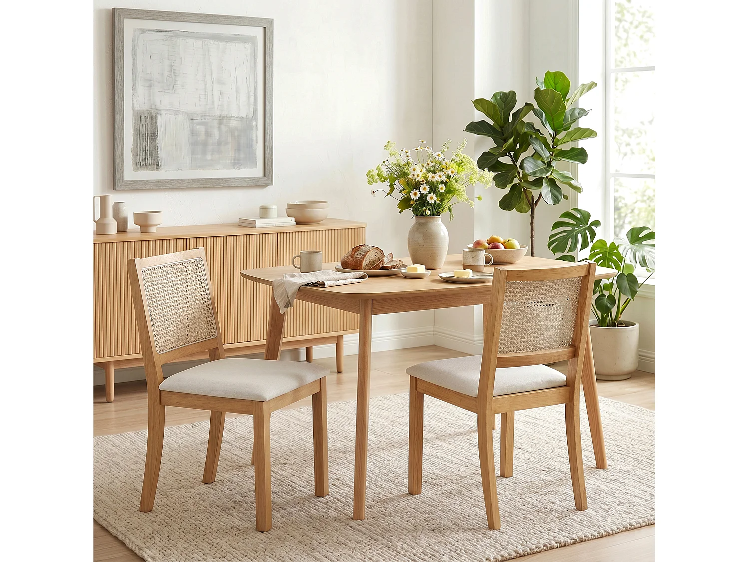 Lot de 2 chaises de salle à manger bois effet rotin tissu toucher lin blanc cassé