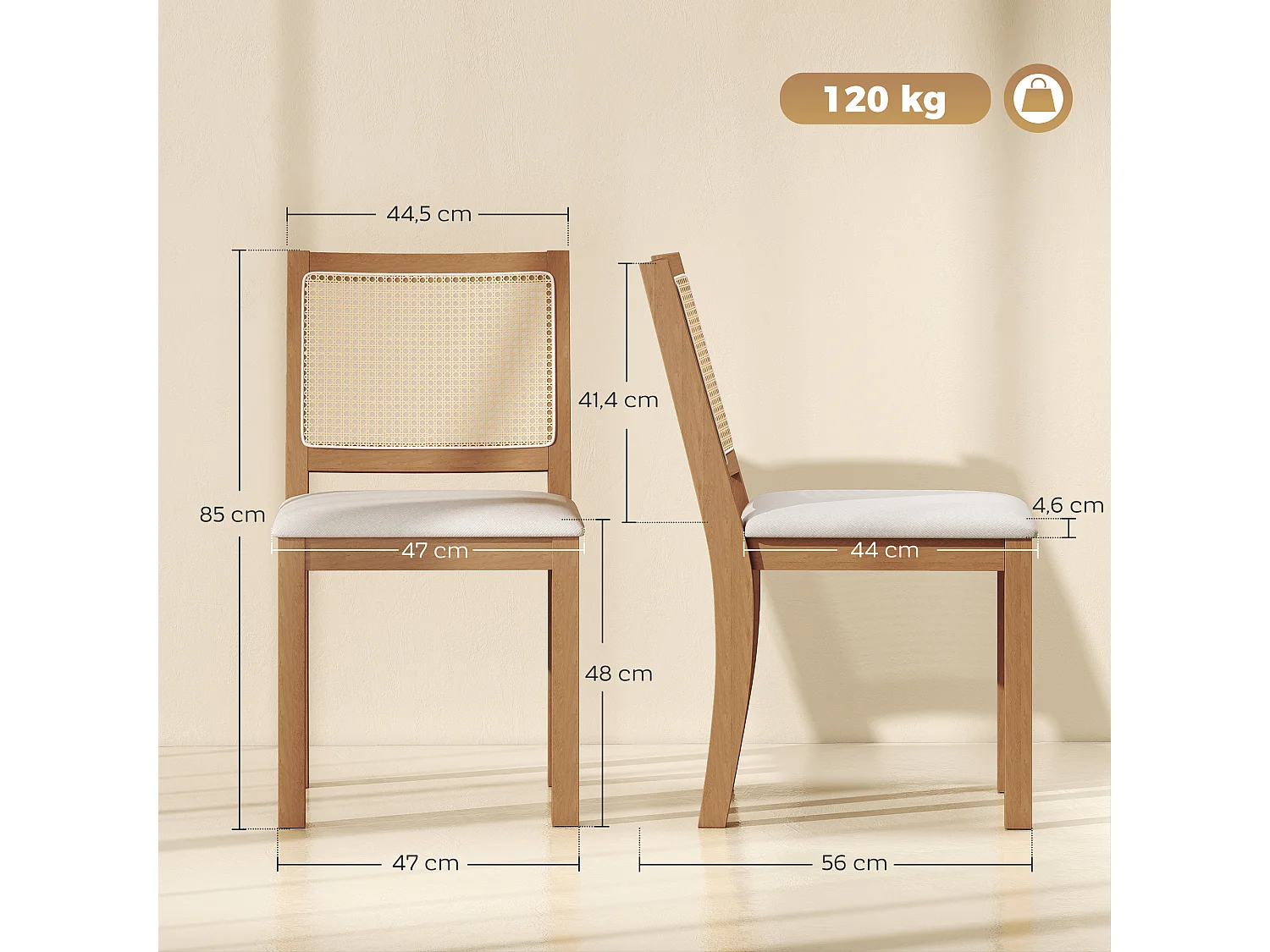 Lot de 2 chaises de salle à manger bois effet rotin tissu toucher lin blanc cassé