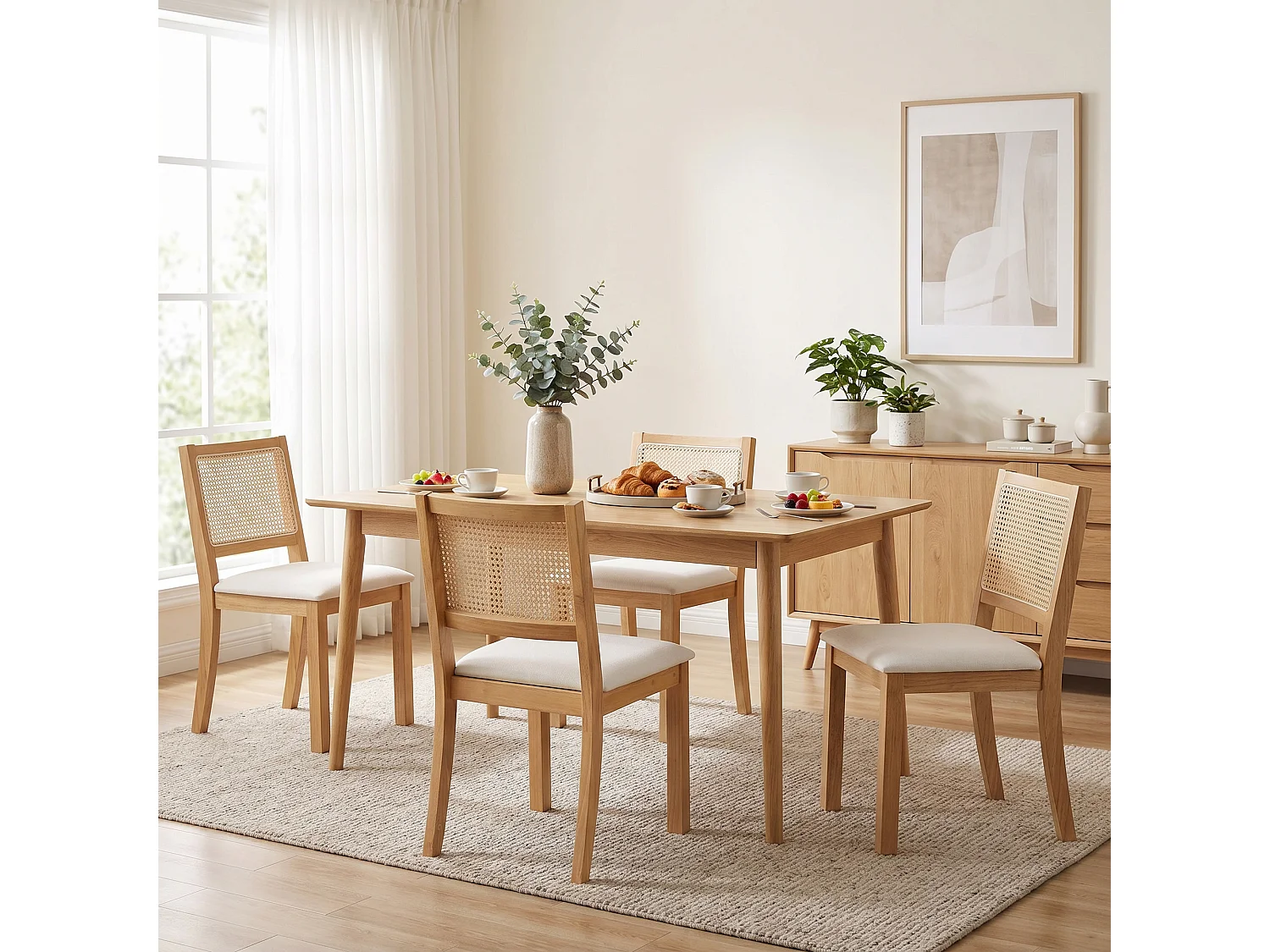 Lot de 2 chaises de salle à manger bois effet rotin tissu toucher lin blanc cassé