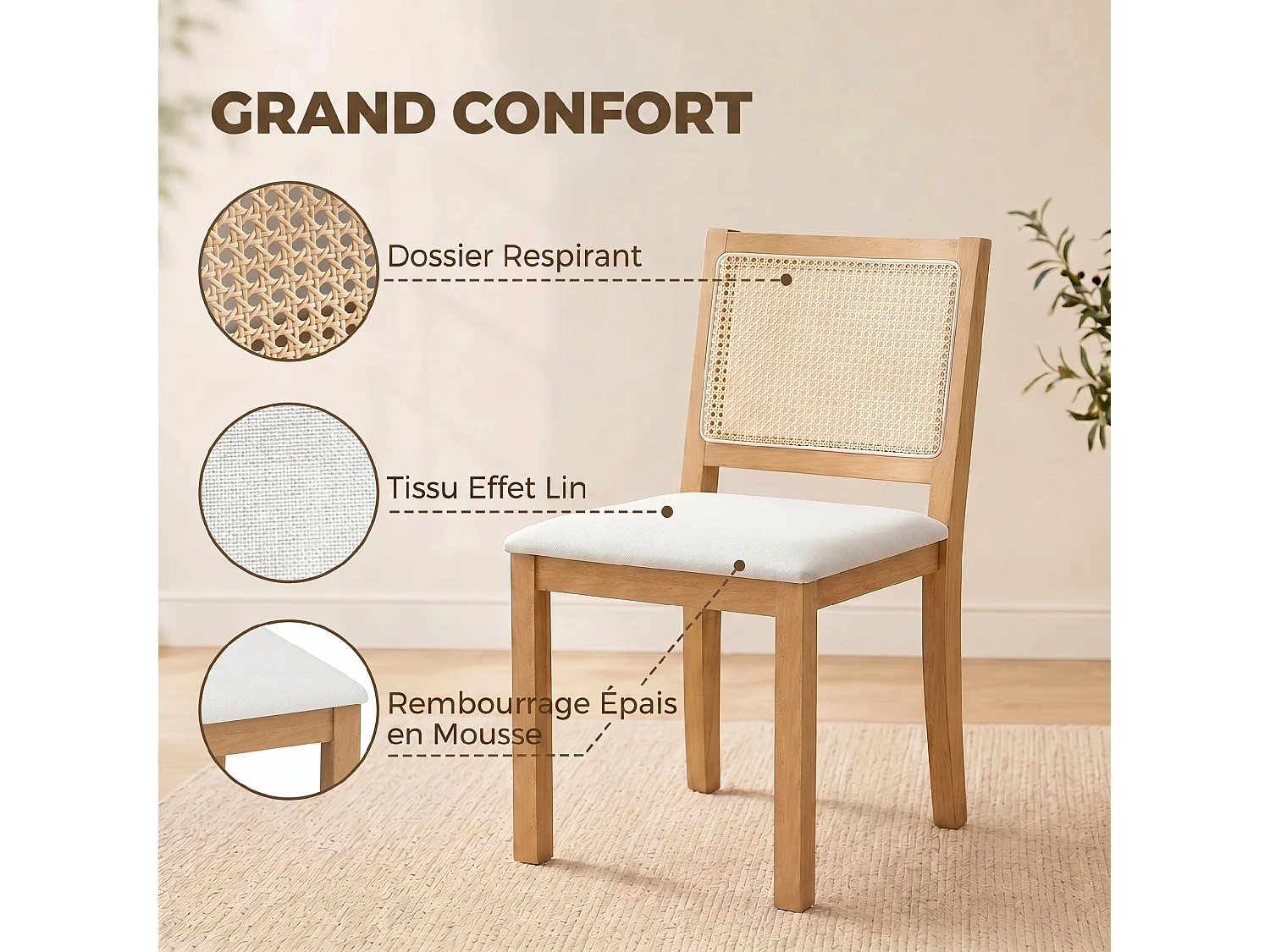 Lot de 2 chaises de salle à manger bois effet rotin tissu toucher lin blanc cassé