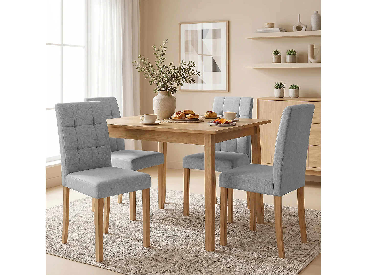 Lot de 2 chaises de salle à manger bois clair tissu toucher lin gris