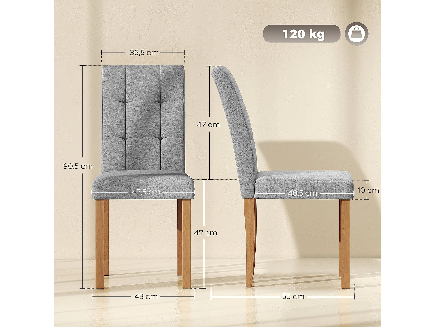 Lot de 2 chaises de salle à manger bois clair tissu toucher lin gris
