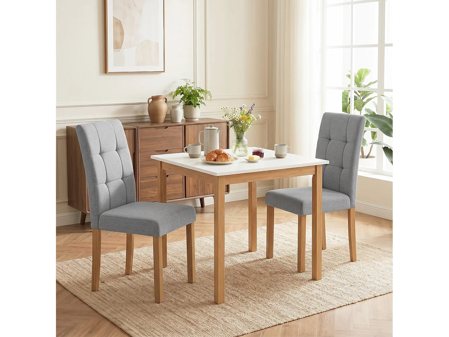 Lot de 2 chaises de salle à manger bois clair tissu toucher lin gris