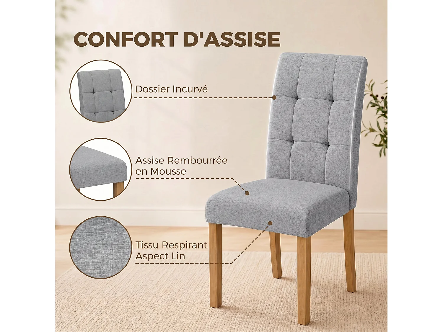Lot de 2 chaises de salle à manger bois clair tissu toucher lin gris