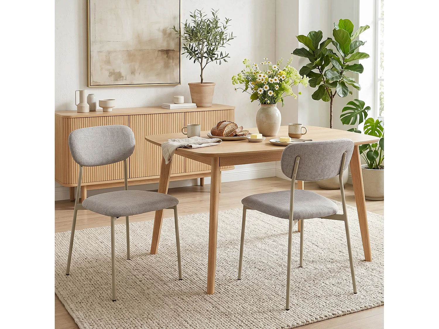 Lot de 2 chaises de salle à manger empilables acier tissu toucher lin grège
