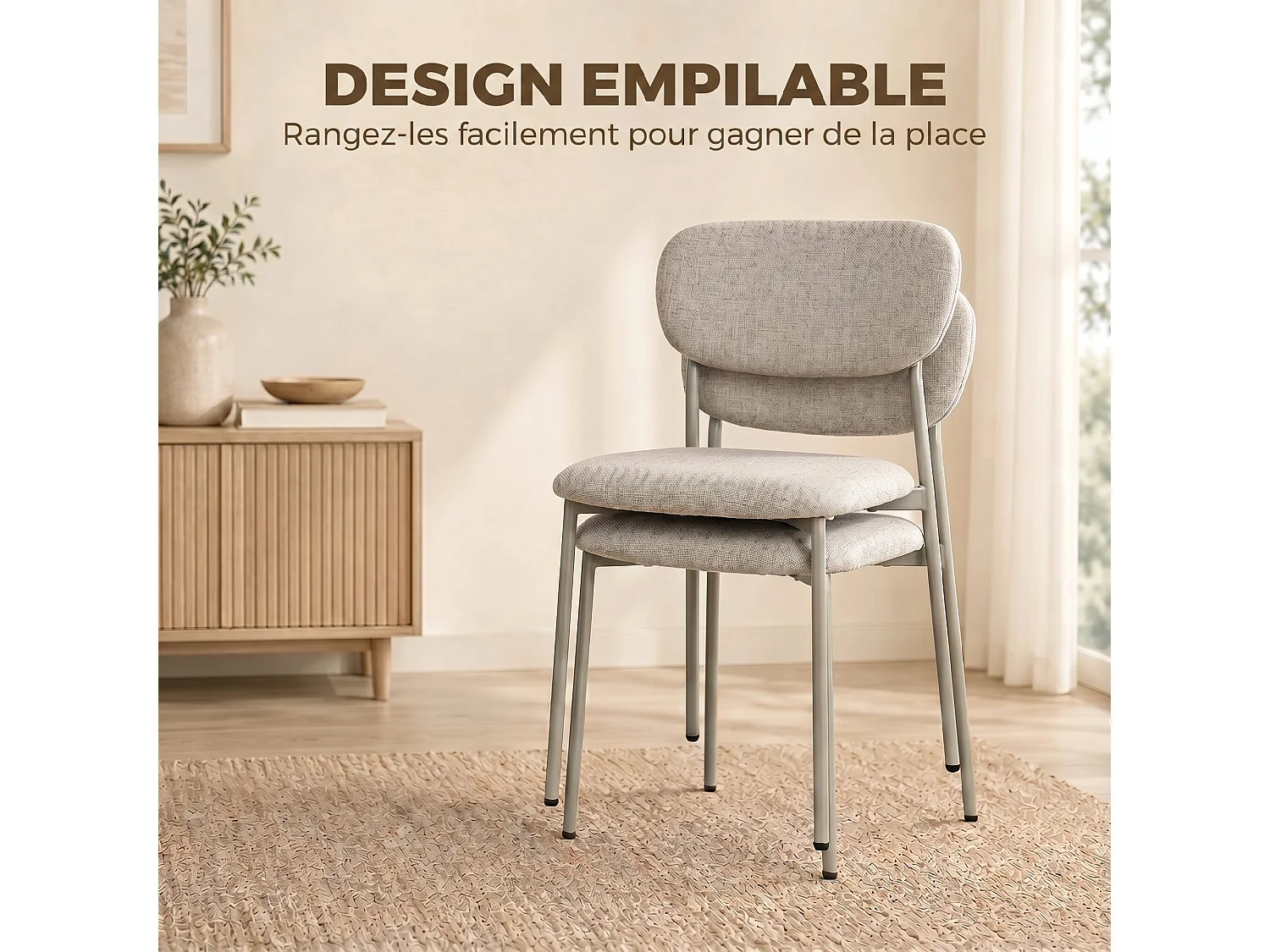 Lot de 2 chaises de salle à manger empilables acier tissu toucher lin grège