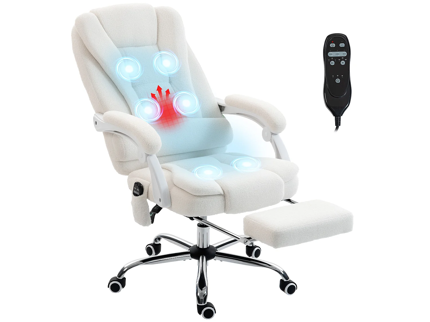 Fauteuil de bureau direction massant chauffant inclinable réglable bouclette blanc