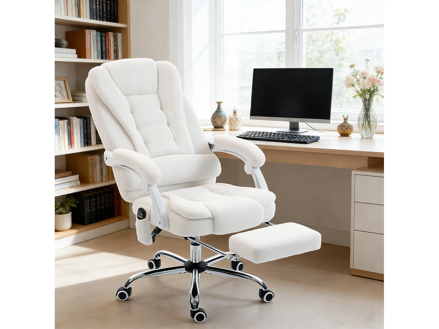 Fauteuil de bureau direction massant chauffant inclinable réglable bouclette blanc