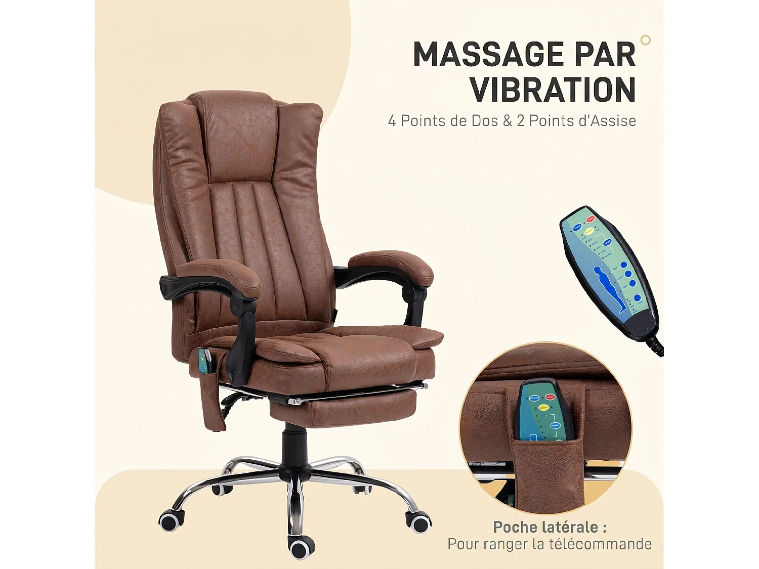 Fauteuil de bureau massant chauffant inclinable repose-pieds rétractable effet cuir vieilli