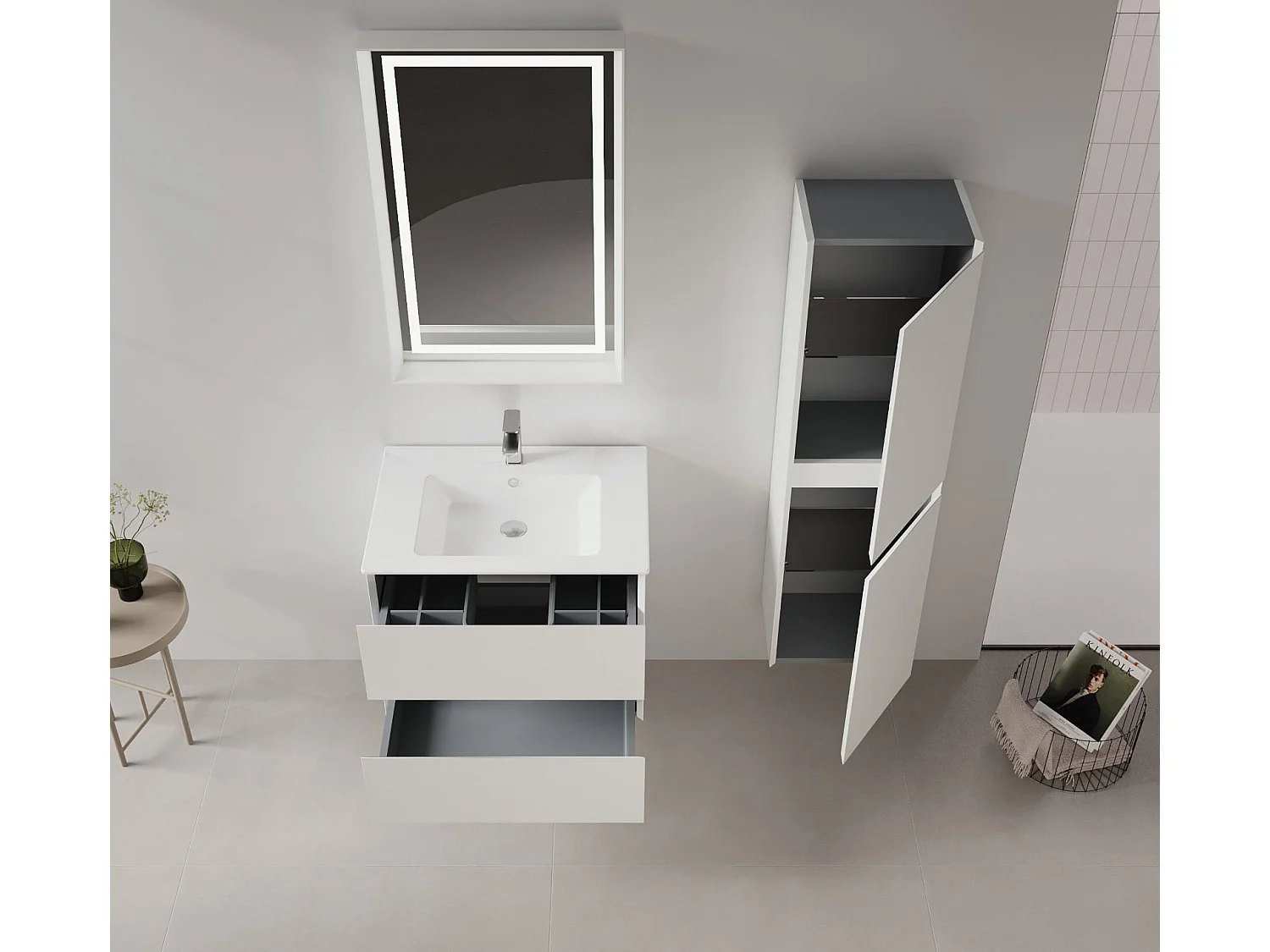 Ensemble Meuble Vasque avec Miroir (2 Pièces) "Nest 71 v2" - 71 x 51 x 55 cm - Matte Cashmere