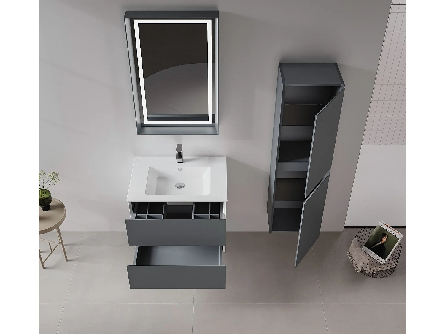 Ensemble Meuble Vasque avec Miroir (2 Pièces) "Nest 71 v2" - 71 x 51 x 55 cm - Matte Anthracite