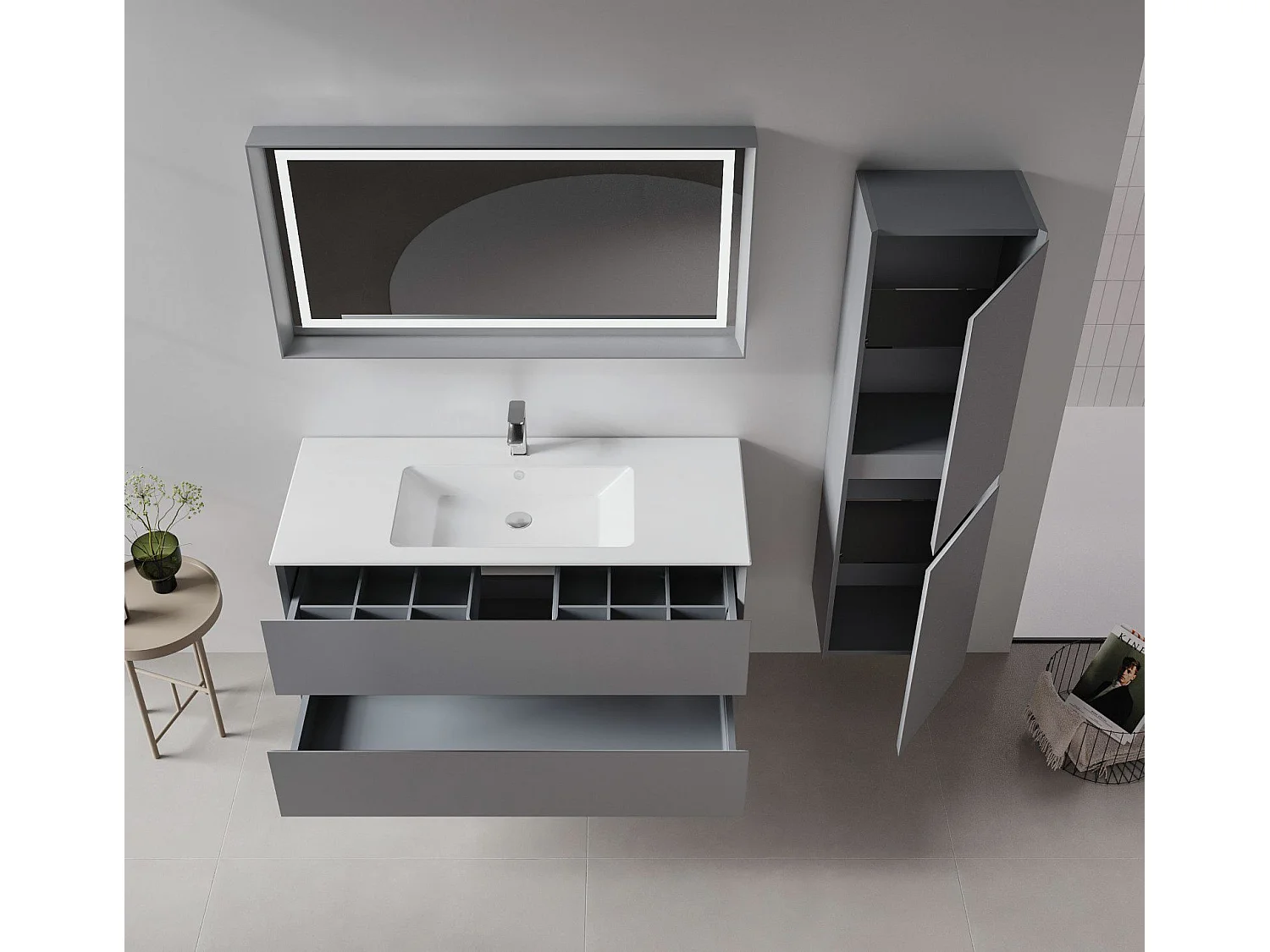 Wastafelmeubel met spiegel (2-delig) "Nest 121 v2" - 121 x 51 x 55 cm - Matgrijs