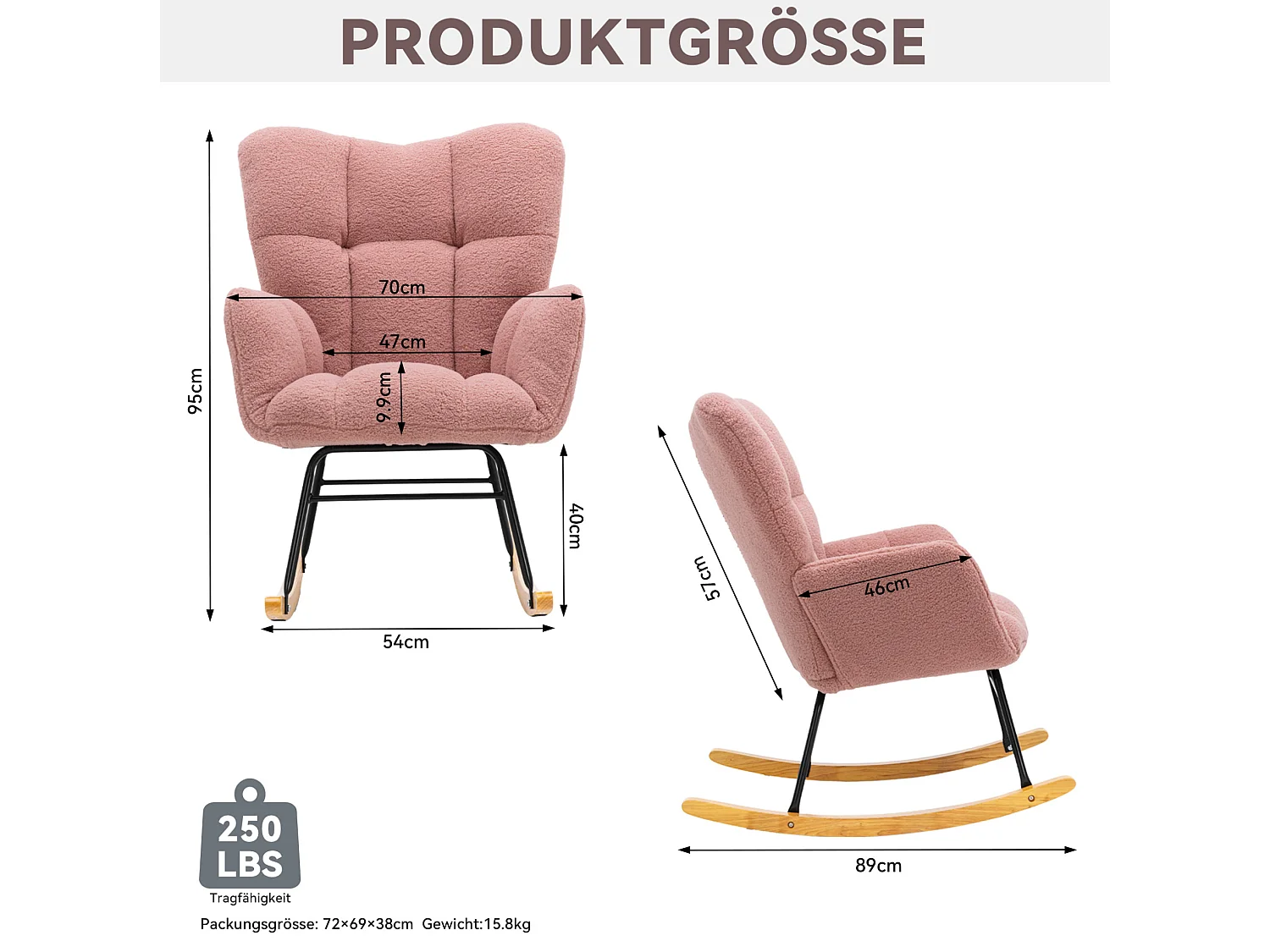 Fauteuil à bascule 80/95/70 cm, Rocking chair avec dossier haut et accoudoirs rembourrés Lammfell-Optik rose