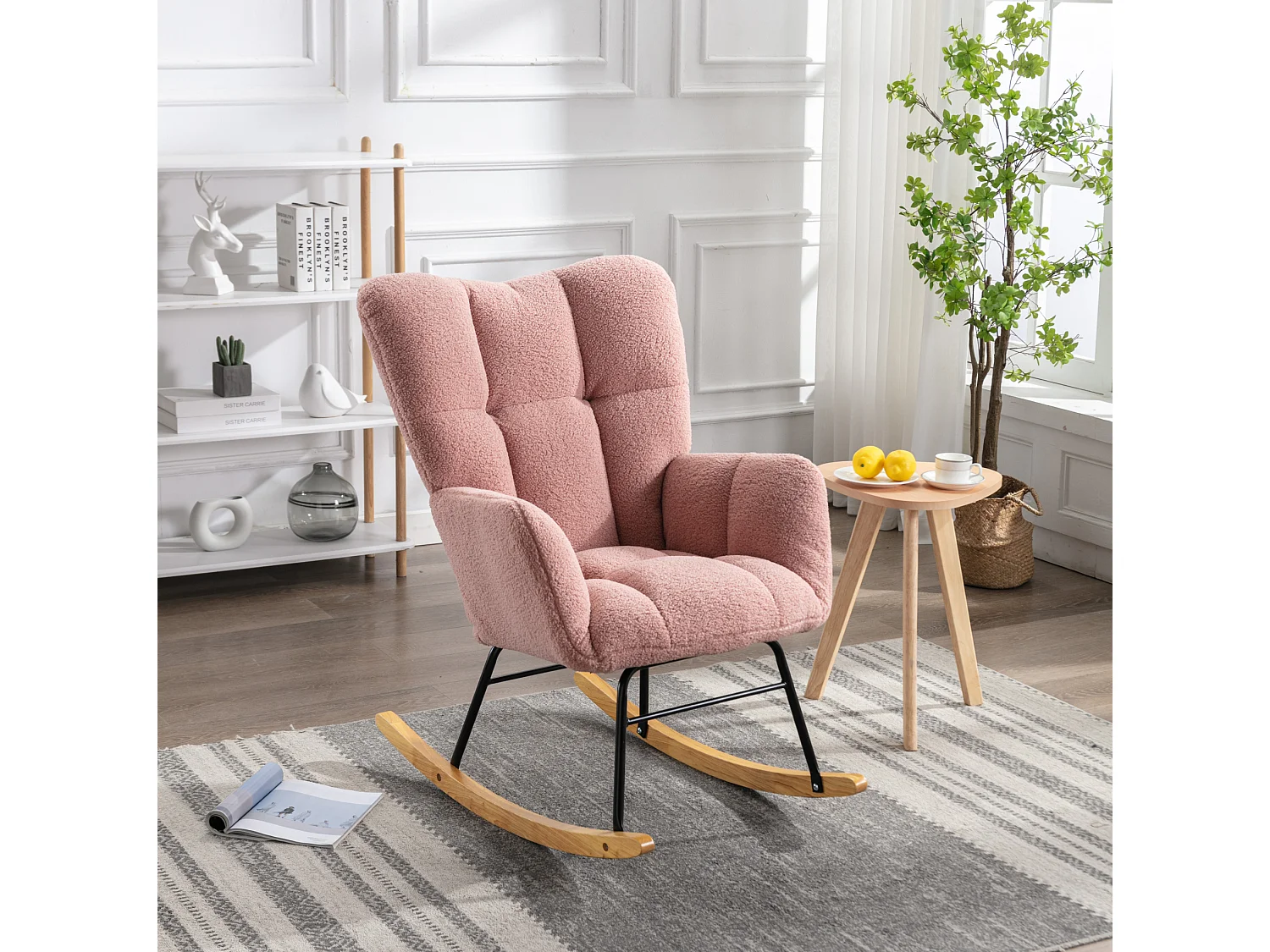 Fauteuil à bascule 80/95/70 cm, Rocking chair avec dossier haut et accoudoirs rembourrés Lammfell-Optik rose