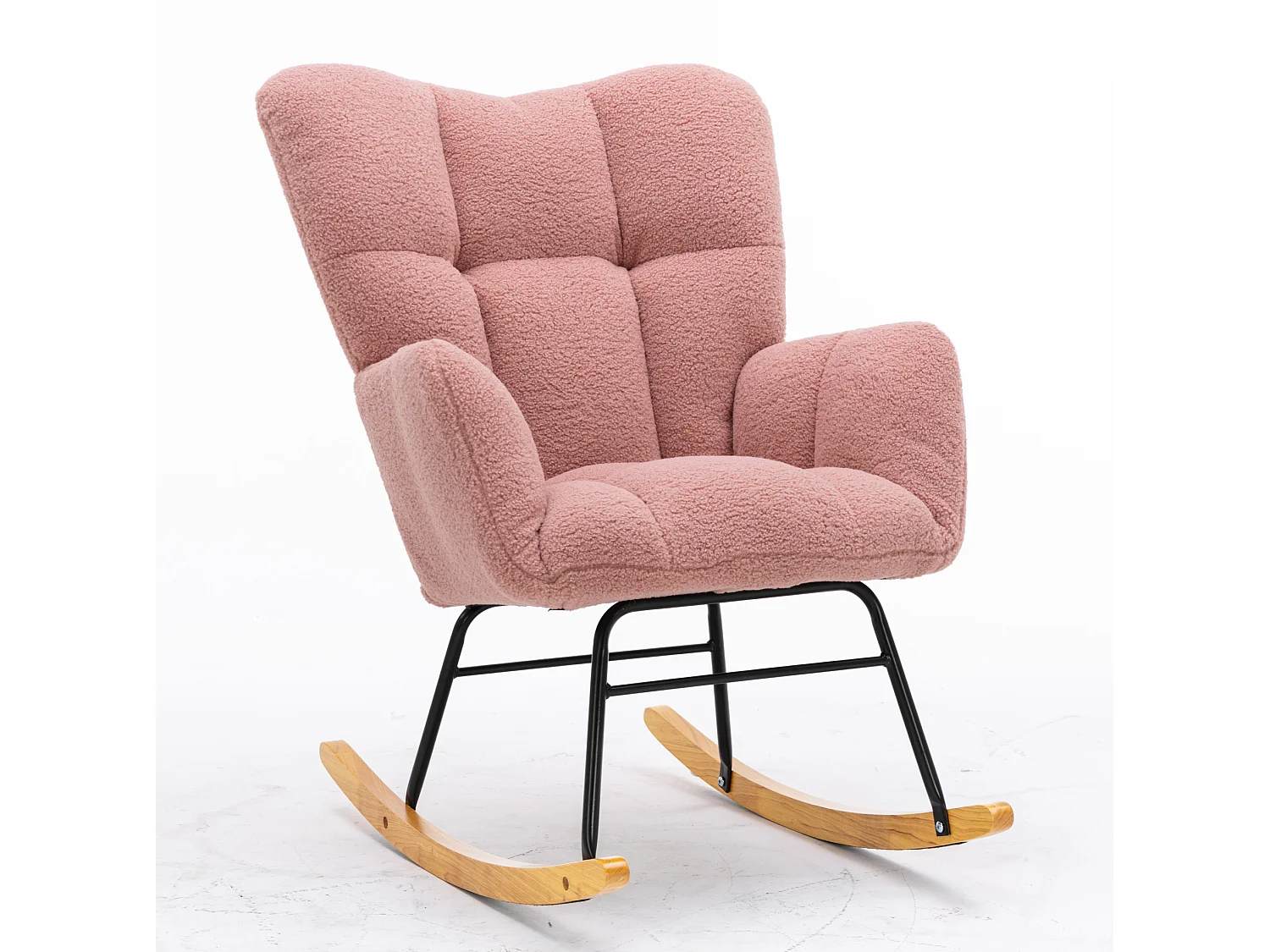 Fauteuil à bascule 80/95/70 cm, Rocking chair avec dossier haut et accoudoirs rembourrés Lammfell-Optik rose