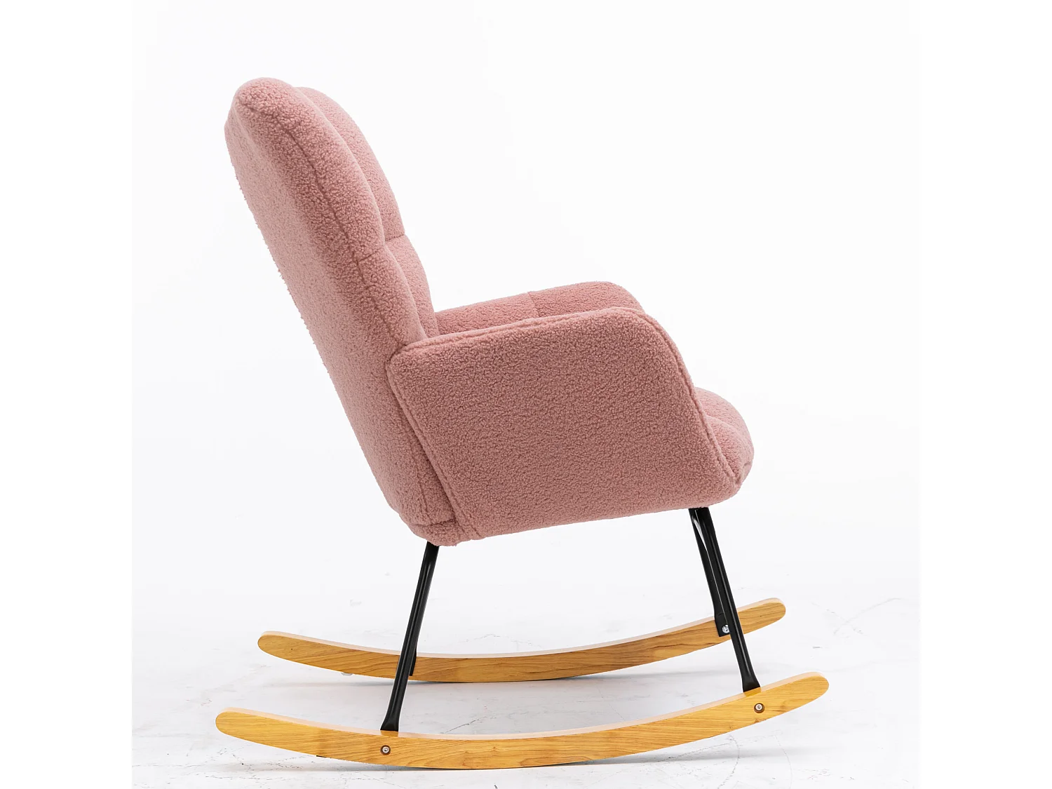 Fauteuil à bascule 80/95/70 cm, Rocking chair avec dossier haut et accoudoirs rembourrés Lammfell-Optik rose