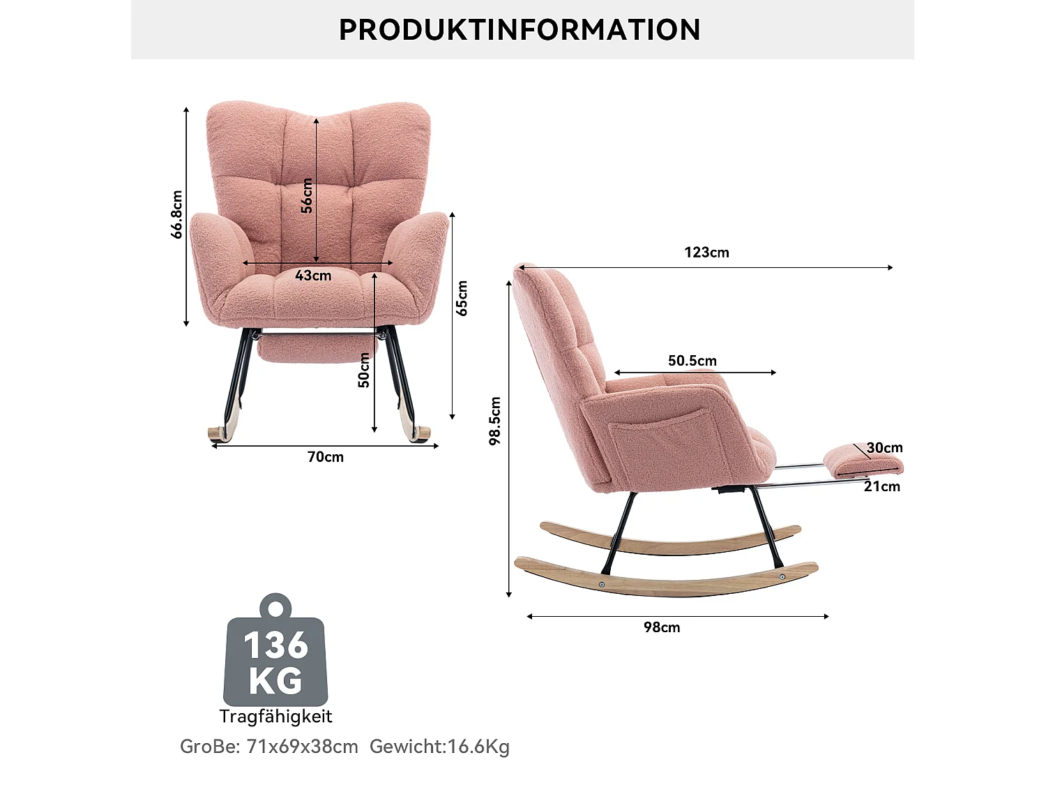 Fauteuil à bascule 80/98/98.5 cm, Rocking chair avec repose-pieds pliable Lammfell-Optik rose