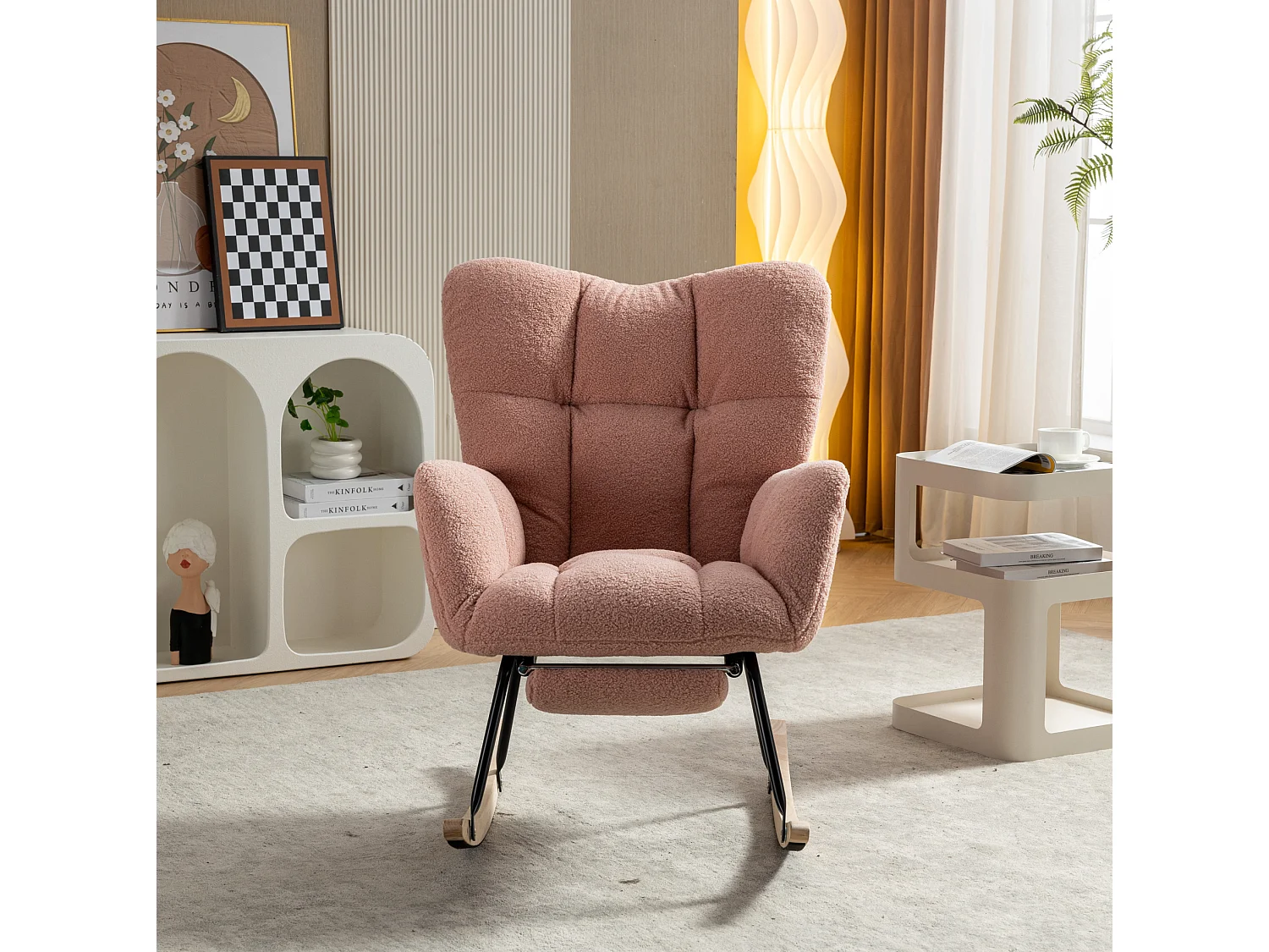 Fauteuil à bascule 80/98/98.5 cm, Rocking chair avec repose-pieds pliable Lammfell-Optik rose