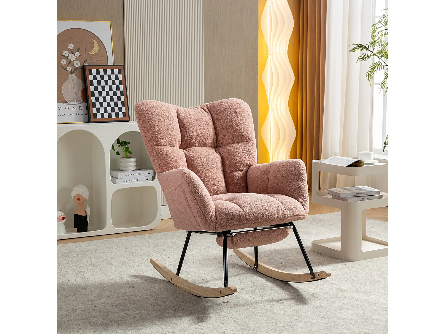 Fauteuil à bascule 80/98/98.5 cm, Rocking chair avec repose-pieds pliable Lammfell-Optik rose
