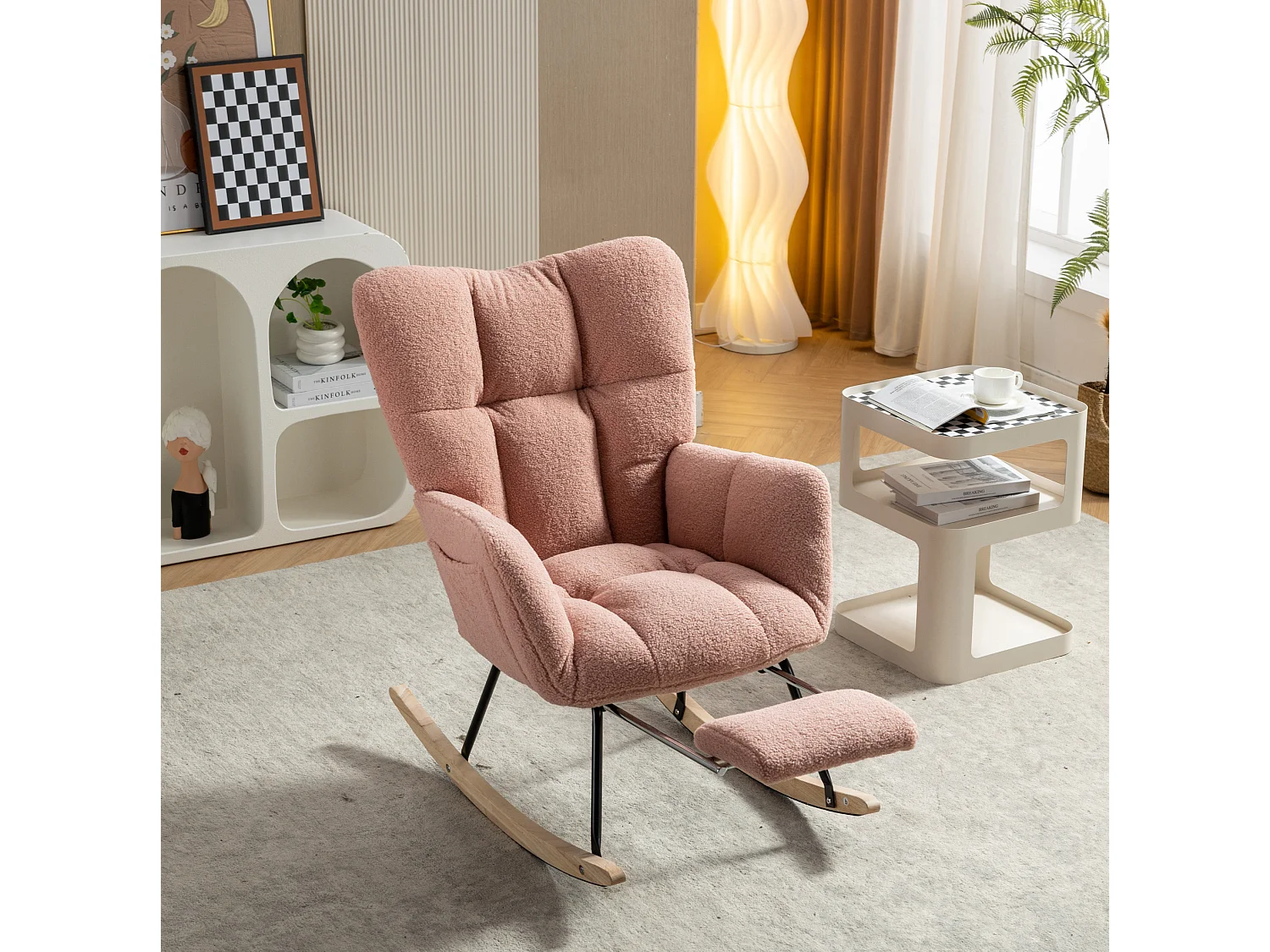 Fauteuil à bascule 80/98/98.5 cm, Rocking chair avec repose-pieds pliable Lammfell-Optik rose