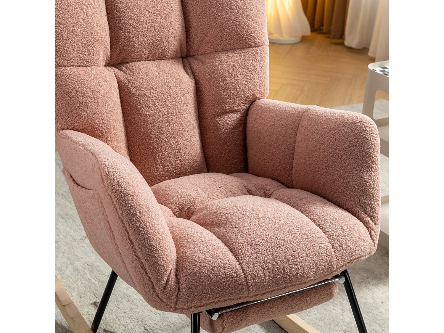 Fauteuil à bascule 80/98/98.5 cm, Rocking chair avec repose-pieds pliable Lammfell-Optik rose