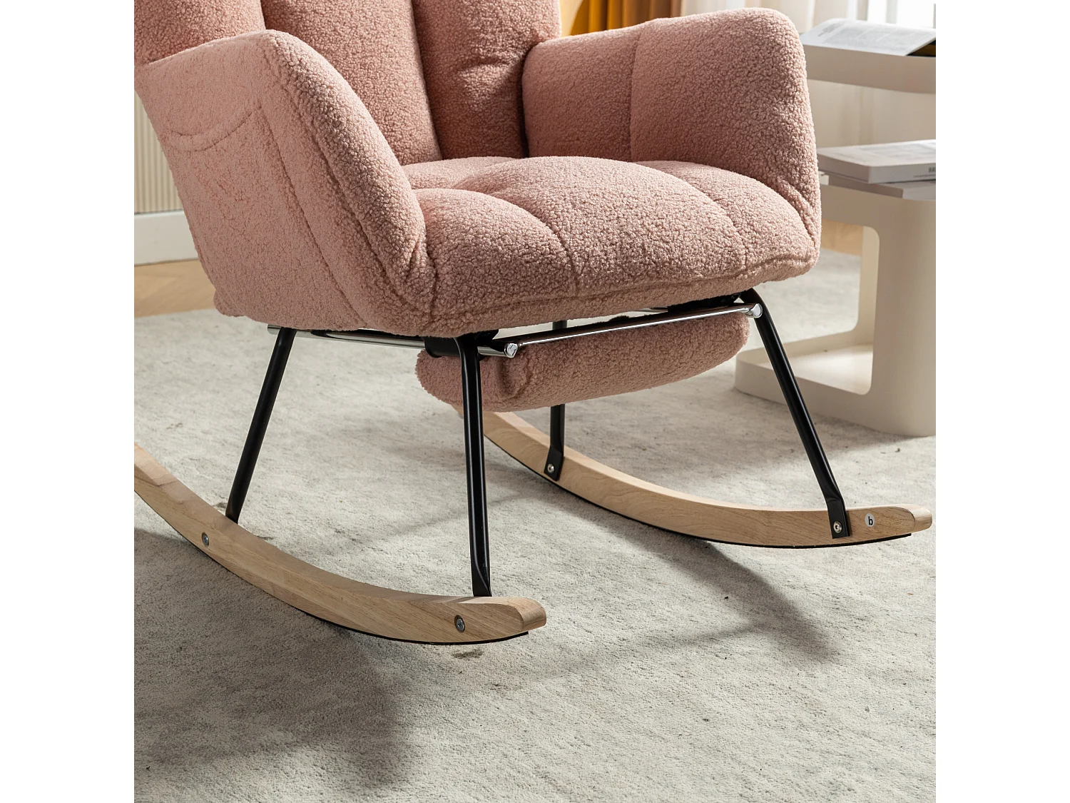 Fauteuil à bascule 80/98/98.5 cm, Rocking chair avec repose-pieds pliable Lammfell-Optik rose