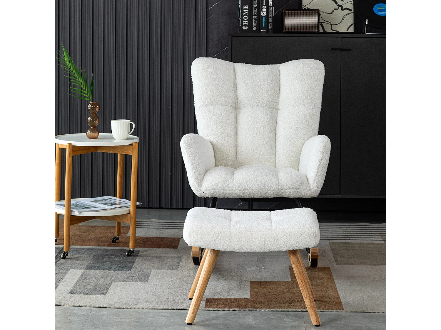Fauteuil à bascule 65/92/47 cm, Rocking chair avec repose-pieds Lammfell-Optik blanc Ensemble 2 pièces