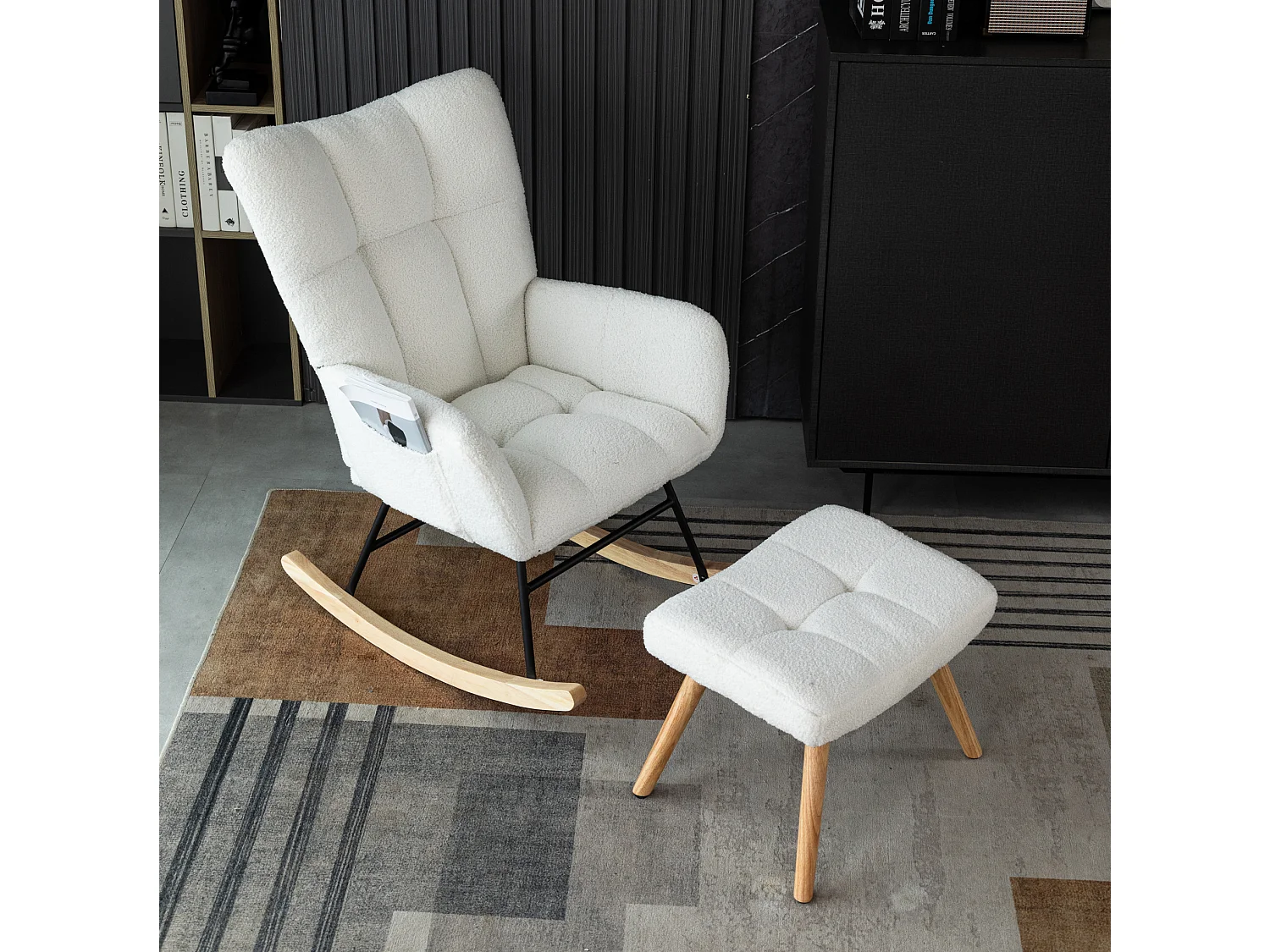 Fauteuil à bascule 65/92/47 cm, Rocking chair avec repose-pieds Lammfell-Optik blanc Ensemble 2 pièces