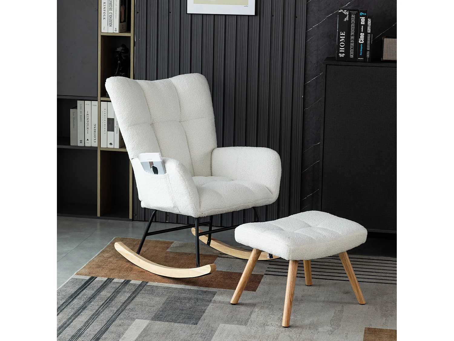 Fauteuil à bascule 65/92/47 cm, Rocking chair avec repose-pieds Lammfell-Optik blanc Ensemble 2 pièces