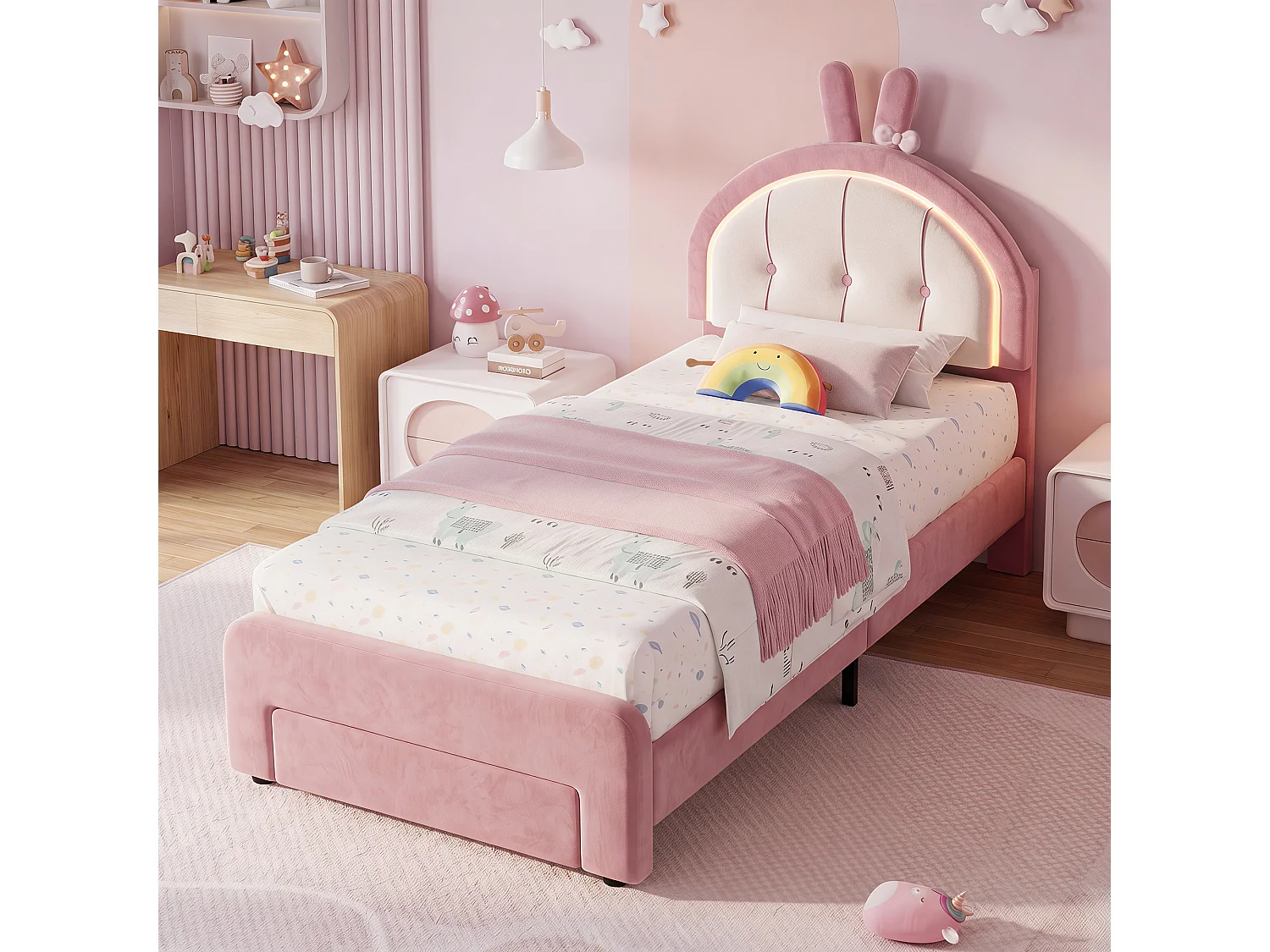Lit enfant fille forme lapin 90x200cm velours rose, avec tiroirs de rangement et éclairage LED, sommier à lattes