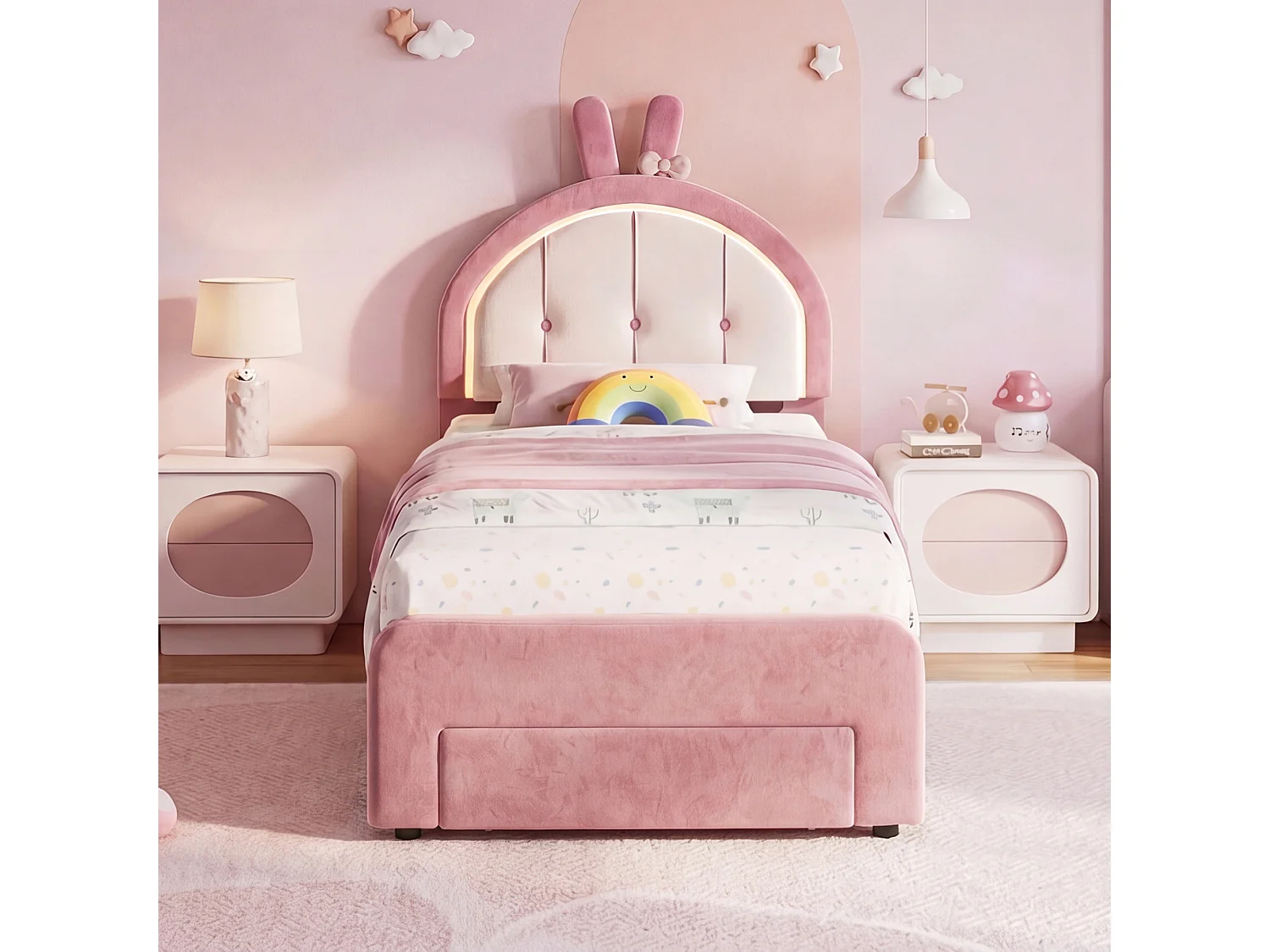 Lit enfant fille forme lapin 90x200cm velours rose, avec tiroirs de rangement et éclairage LED, sommier à lattes
