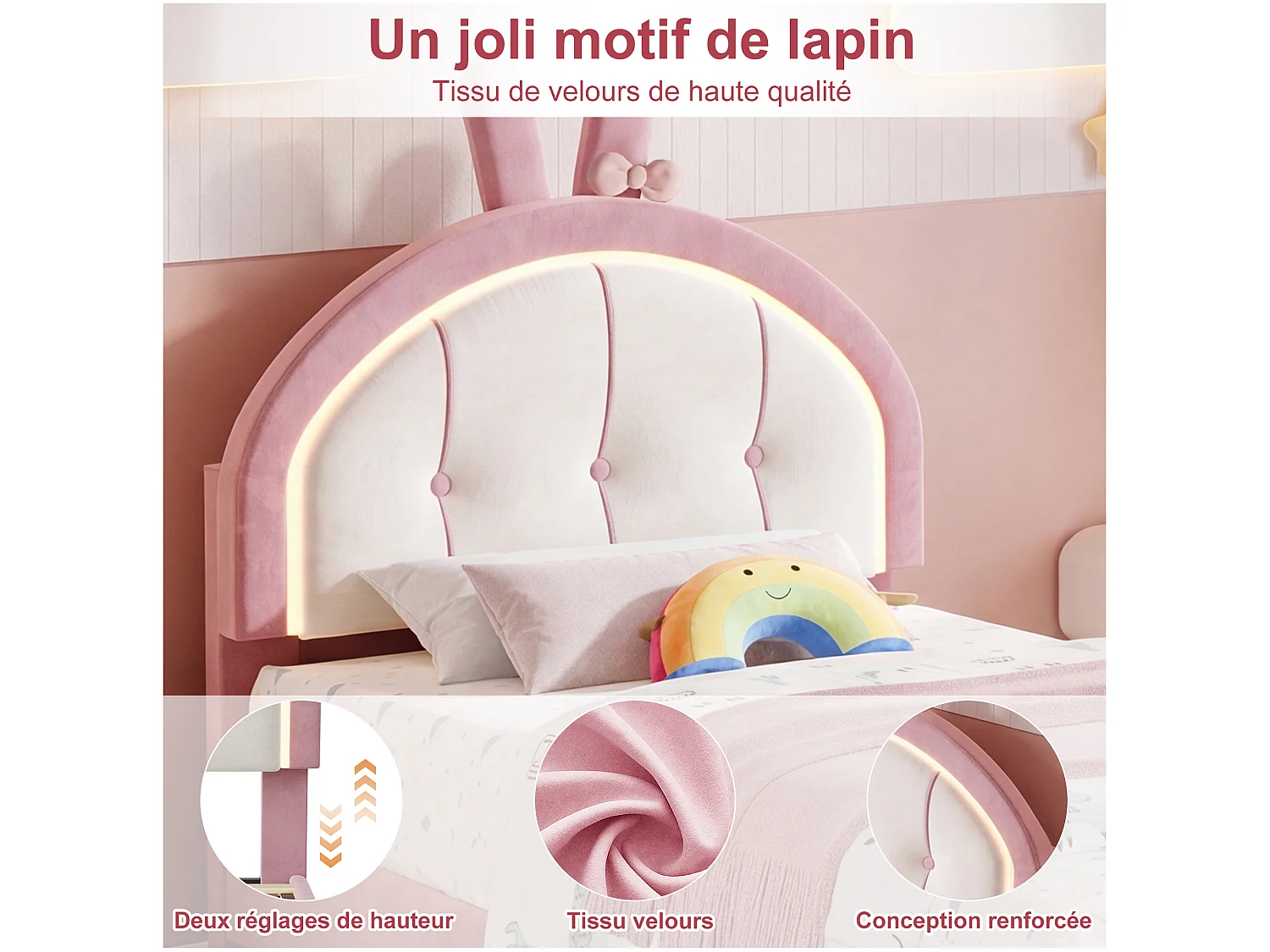 Lit enfant fille forme lapin 90x200cm velours rose, avec tiroirs de rangement et éclairage LED, sommier à lattes