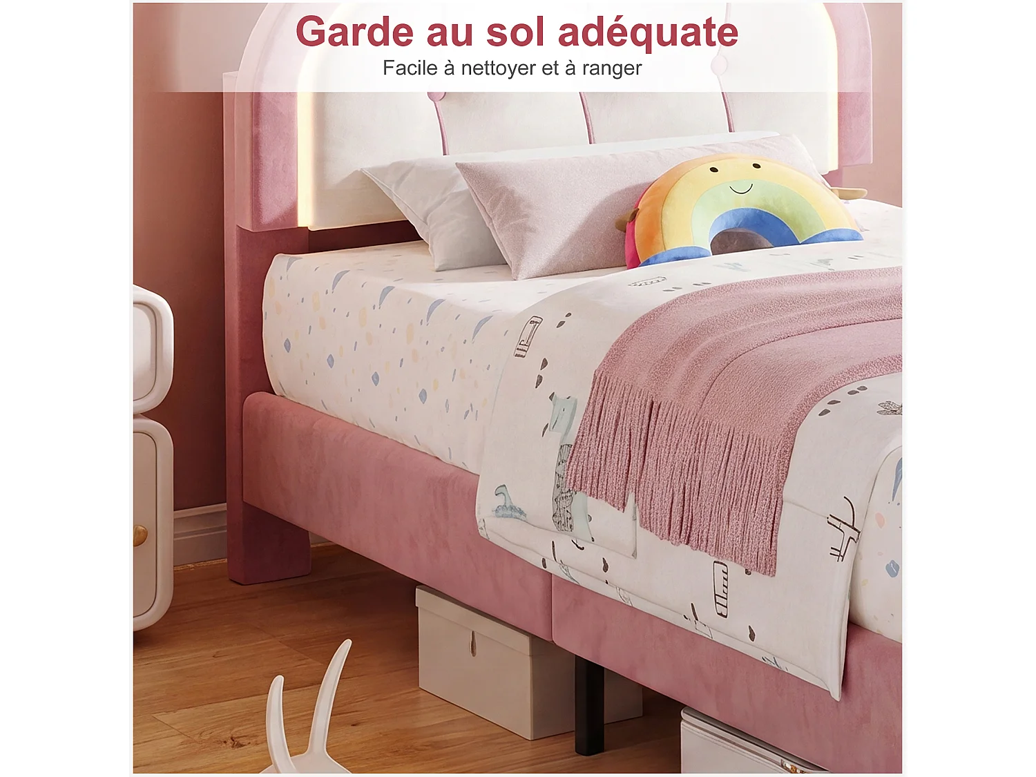 Lit enfant fille forme lapin 90x200cm velours rose, avec tiroirs de rangement et éclairage LED, sommier à lattes