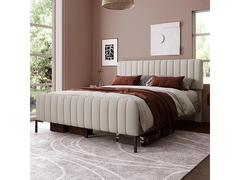 Lit coffre rembourré 160x200cm avec Tête de Lit Réglable, Sommier à Lattes Inclus, Tissu Lin Gris-Beige, Design Scandinave, beige grisâtre
