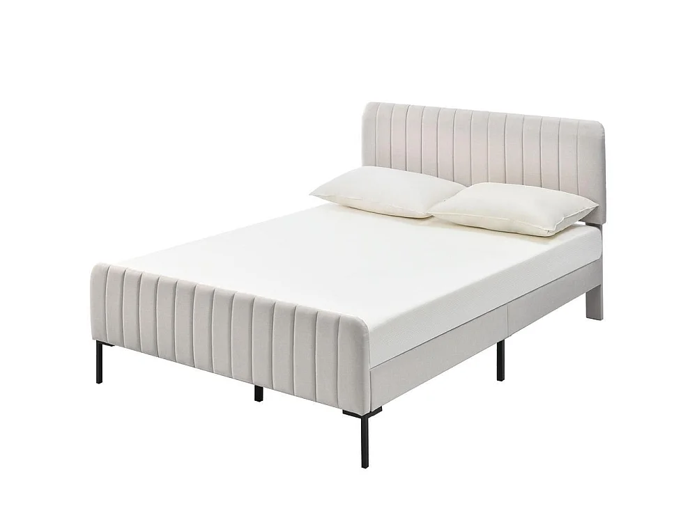 Lit coffre rembourré 160x200cm avec Tête de Lit Réglable, Sommier à Lattes Inclus, Tissu Lin Gris-Beige, Design Scandinave, beige grisâtre
