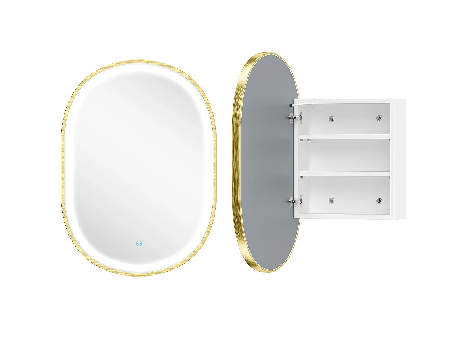 Armoire miroir LED réglable salle de bain design ovale alu brossé doré 2 étagères
