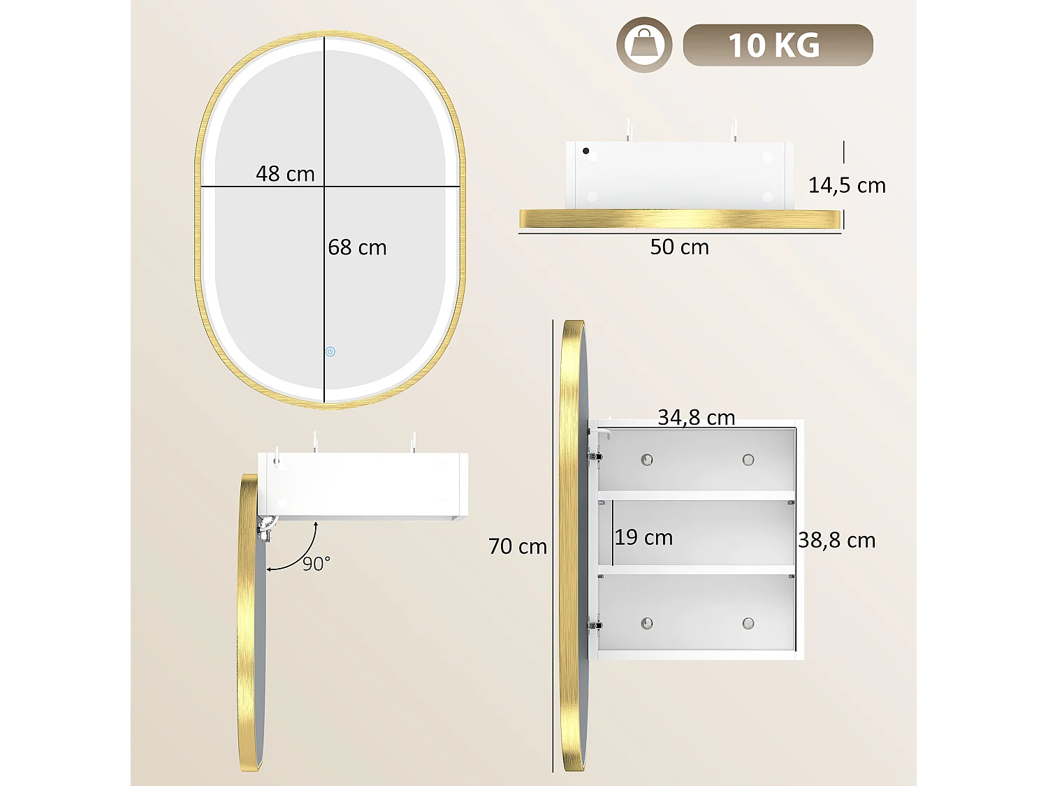 Armoire miroir LED réglable salle de bain design ovale alu brossé doré 2 étagères