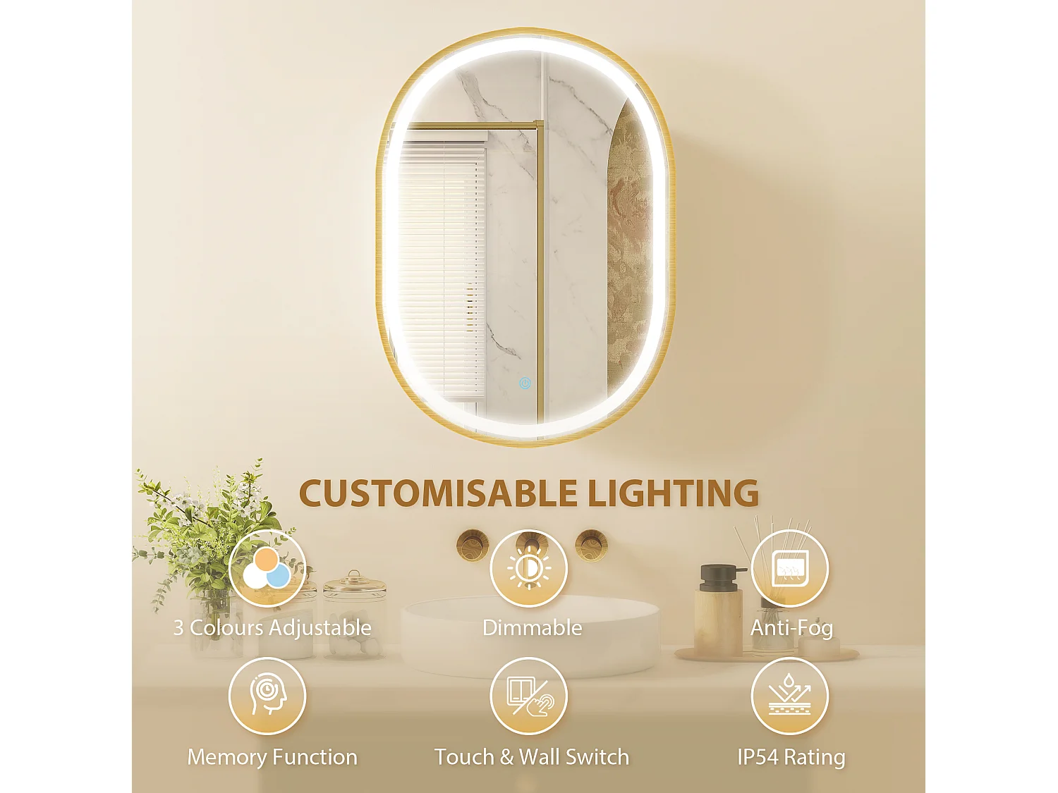 Armoire miroir LED réglable salle de bain design ovale alu brossé doré 2 étagères