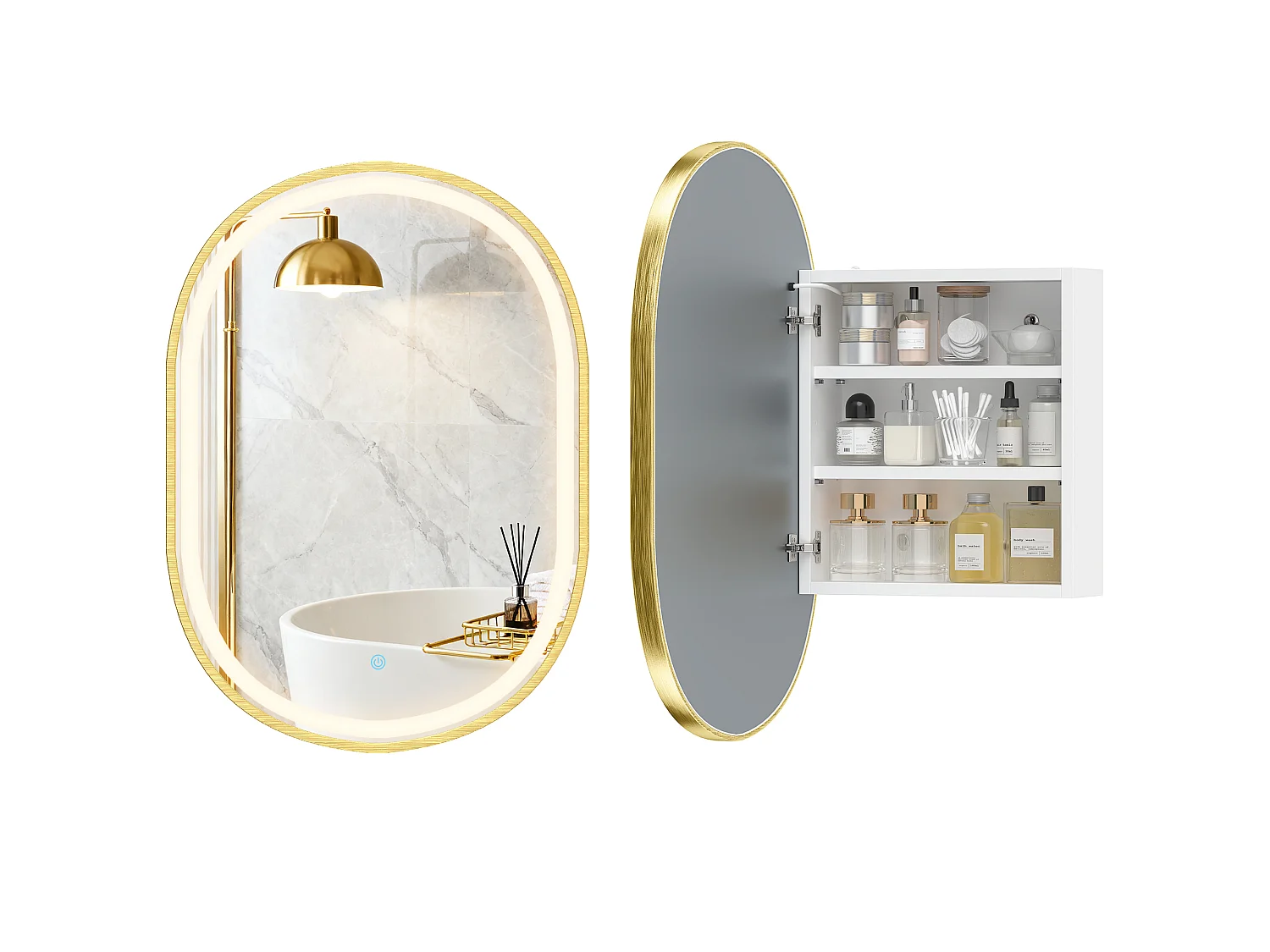 Armoire miroir LED réglable salle de bain design ovale alu brossé doré 2 étagères