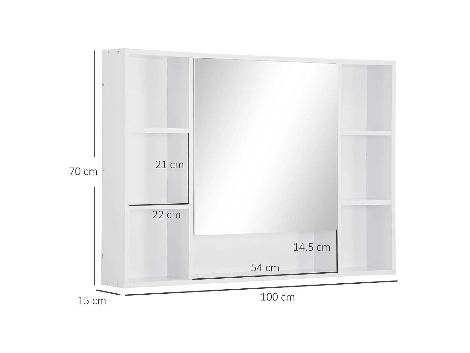 Armoire murale salle de bain avec miroir - 7 niches, étagère - 100 x 15 x 70 cm - MDF blanc