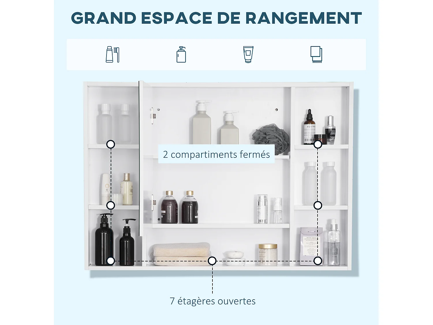 Armoire murale salle de bain avec miroir - 7 niches, étagère - 100 x 15 x 70 cm - MDF blanc